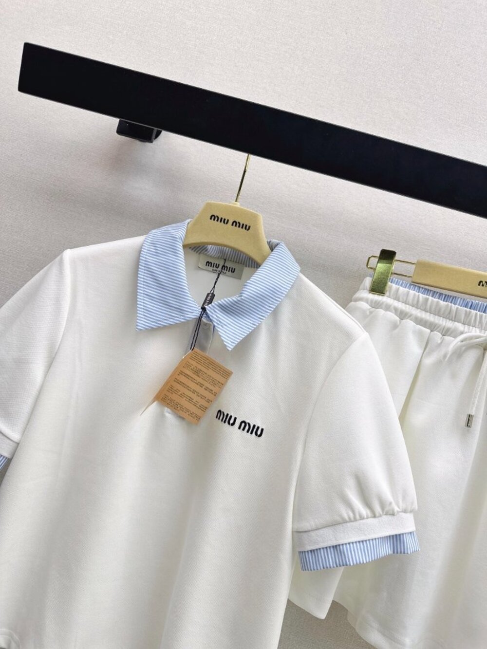 Miu Miu 2‑Piece Set Striped Collar Polo Top & Drawstring Skort White Blue M - Picture 8 of 9